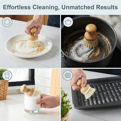 ONEMORE Bamboo Dish Brush with Ceramic Foaming Base, Kitchen Sink Scrub Brush Set with Spring and Mesh Insert, Wooden Handle Dishwashing Brush for Pots Pans Plates Bowls, White