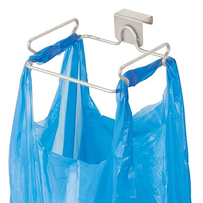 mDesign Over the Cabinet Metal Wire Small Garbage Container, Trash Bag Holder Rack for Recycled Reusable Disposable Plastic Shopping Grocery Bags for Kitchen, Pantry, Garage, Bathroom - Satin