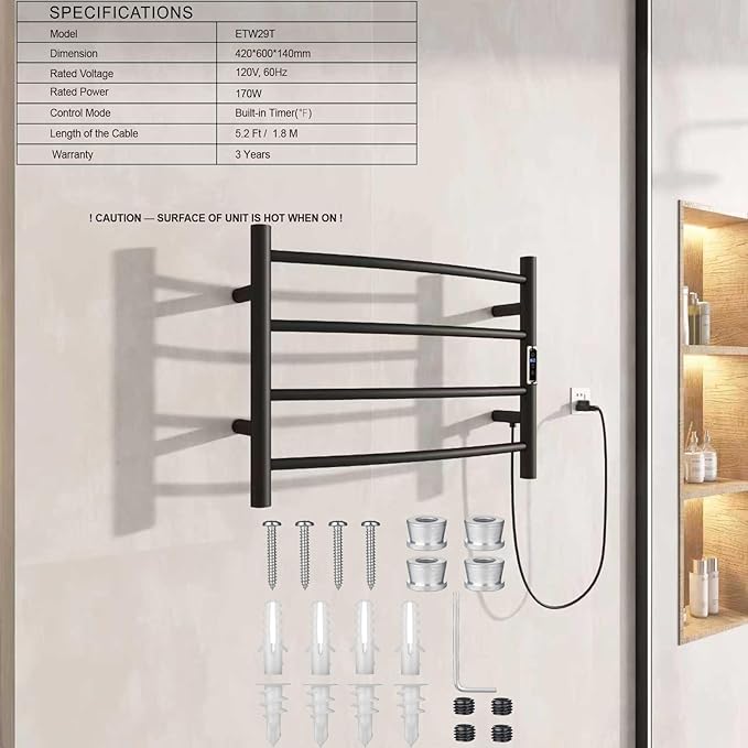 (1 Pack) Electric Towel Warmer with Built-in Timer - Wall Mounted Bathroom Heated Towel Rack, Plug-in Design Black