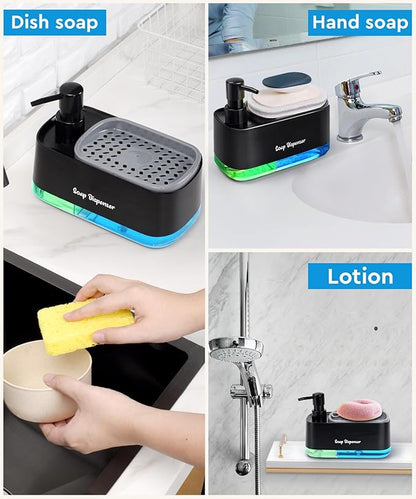 5-in-1 Kitchen Soap Dispenser Set with Sponge Holder - Dual Hand & Dish Soap Pump Dispenser for Sink Countertop with 2-Packs Natural Loofah Dish Sponge Dishwashing Scrubber,Black