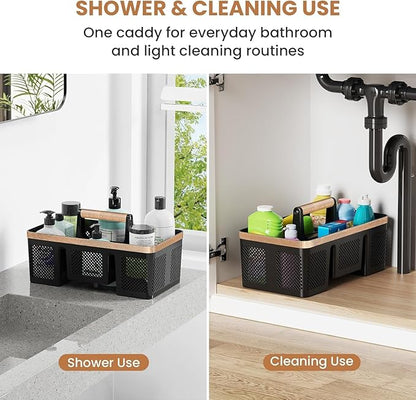 BYUNER Plastic Shower Caddy Dorm: Portable Hard Shower Basket with Handle, 4 Divided Compartments, All-Side Drainage, Bathroom & Cleaning Caddy for College Dorm Room Essentials, Black/wood grain