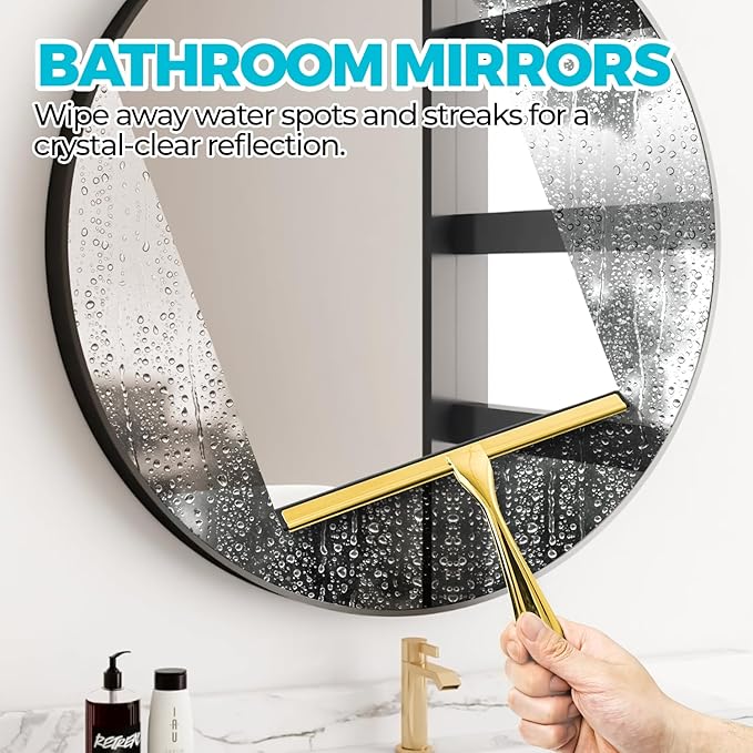 ALFLOD 2PACK All-Purpose Shower Squeegee for Shower Doors, Bath Linen Sets, Tile Shower Walls, Bathroom, Window, Glass and Car Windshield, Mirrors and Kitchen-Stainless Steel,9.8 inch Golden