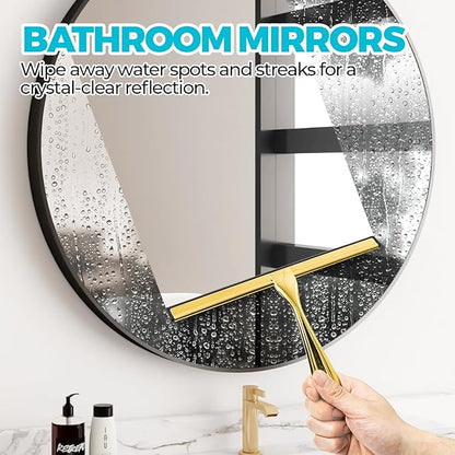 ALFLOD 2PACK All-Purpose Shower Squeegee for Shower Doors, Bath Linen Sets, Tile Shower Walls, Bathroom, Window, Glass and Car Windshield, Mirrors and Kitchen-Stainless Steel,9.8 inch Golden