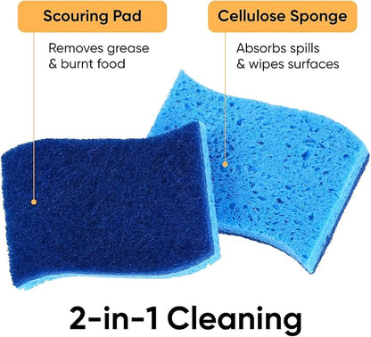 Non-Scratch Cellulose Sponge Kitchen Scrub Sponge with Scouring Pad Set, Good for Non-Stick Cookware Frying Pan, Pot, Counter Top, Sink Scrubbing, Kitchen Scrubbers, Pack of 2, (Blue)