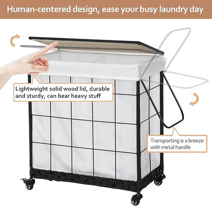 Durable Laundry Hamper with Removable Liner Bag, Heavy Duty Wheels, Wood Lid and Metal Handle - Clothes Sorter and Laundry Basket in White