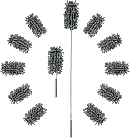 ZZ LAZYCOTTAGE 12 Pack High Duster with Extension Pole, Reusable & Washable Feather Duster, Microfiber Dusters for Cleaning for Ceiling Fan, Sofas, Ceiling, Car, Cabinet, Furniture, Blind(Gray)