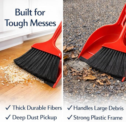 Heavy Duty Whisk Broom and Dustpan Set with Red Handle & Black Bristles, Compact Handheld Cleaning Combo for Home, Kitchen, Office, Garage & Car