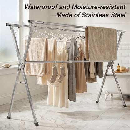 Spreezy Stainless Steel Clothes Drying Rack, Indoor/Outdoor Drying Rack for Clothes, Portable Folding Laundry Drying Rack, Adjustable Length, Space-Saving, with Windproof Hooks