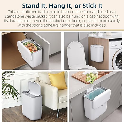 MUEE Compost Bin Kitchen for Counter Top or Under Sink, Hanging Small Trash Can with Lid [1.3 Gal/5L], Food Waste Bin, Mountable Garbage Can for Cupboard/Bathroom/Bedroom/Office/RV, Matte White