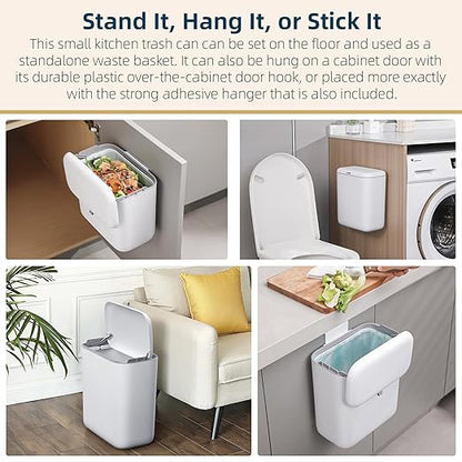 MUEE Compost Bin Kitchen for Counter Top or Under Sink, Hanging Trash Can with Lid [2.3 Gal/8.8L], Food Waste Bin, Mountable Garbage Can for Cupboard/Bathroom/Bedroom/Office/RV, Matte White