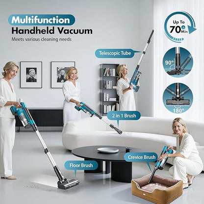 700W Cordless Vacuum Cleaners for Home with 2*Battery 8000mAh,Brushless Rechargeable Stick Vacuum with 3 Mode, 6 in 1 Portable Handheld Cordless Vacuum for Pet Hair/Hardwood Floor/Dorm (Blue)