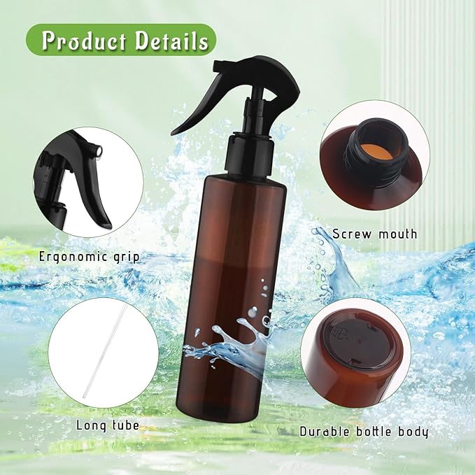 6-Pack 200ml Brown PET Plastic Spray Bottles with Black PP Head Empty Fine Mist Liquid Sprayer Multi-Purpose Atomizer Dispenser for Home,Garden and Beauty