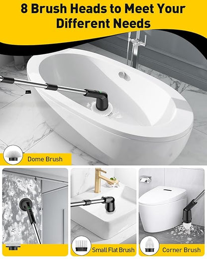 Shower Scrubber with Long Handle, Shower Cleaner Brush with 8 Brush Heads, Cordless Electric Spin Scrubber for Cleaning with 2 Speed, Cleaning Supplies for Bathroom Bathtub Kitchen Floor Tile Toilet