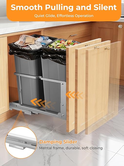 FOHERE Pull Out Trash Can Under Cabinet, 35 QT x2 Under Sink Trash Can Waste Container with Soft-Close Slides, Heavy Duty Garbage Recycling Bin for Kitchen Cabinet, Sink