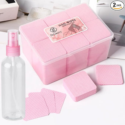 Lint-Free Nail Wipes With 100ML Empty Spray Bottle Set,1080pcs Pink Non-Woven Fabric Dry Nail Prep Skin Nail Polish Remover Wipes Nail Cleaning Pads Eyelash Extension Glue Wipes Paper