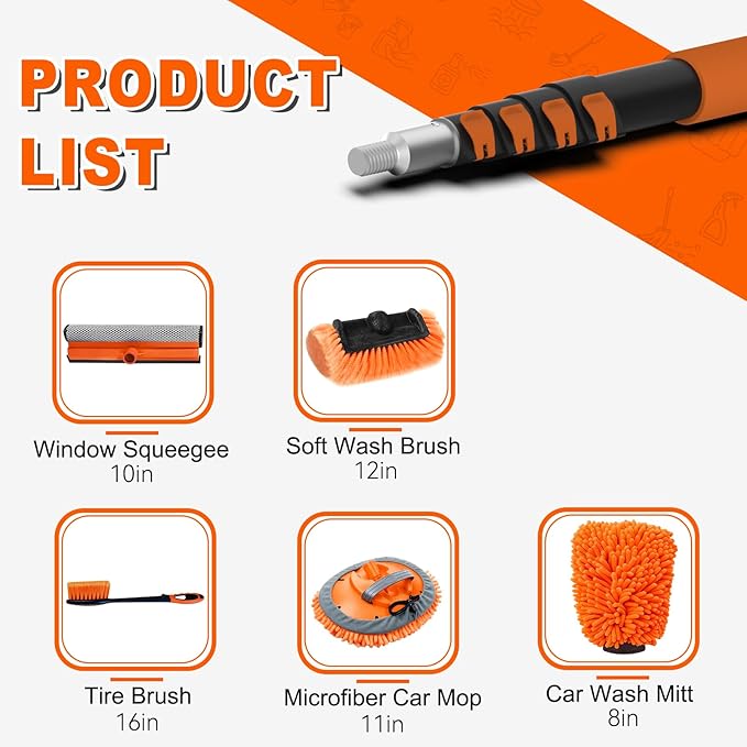 SISUPASSIE 16FT Car Wash Brush with Long Handle, Car Cleaning Brush Kit with Soft Bristle Brush, Solar Panel Cleaning Kit, Window Squeegee, Microfiber Mop, Wheel Brush, Mitt for Truck, RV, Boat