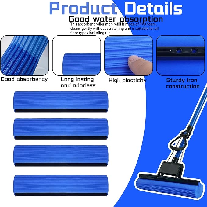 12 Pcs Roller Mop Refill Blue PVA Sponge Mop Head Replacement Bulk Absorbent for Business Garage Home Kitchen Bathroom Cleaning