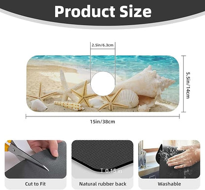 Summer Beach Starfish Sea Shell Blue Sky Sun Kitchen Sink Splash Guard Faucet Mat Super Absorbent Fast Drying Mat Sink Gadgets-Fast Drying Pad Sink Mat For Kitchen Bathroom (15" X 5.5" )