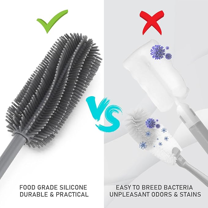 15.7" Silicone Bottle Brush, ddLUCK Water Bottle Cleaner Brush for Stanley, Hydroflasks, Glass, Thermos Sports Bottle, Vase and Glassware, Bottle Brush Cleaner for Small Narrow Neck Containers (Gray)