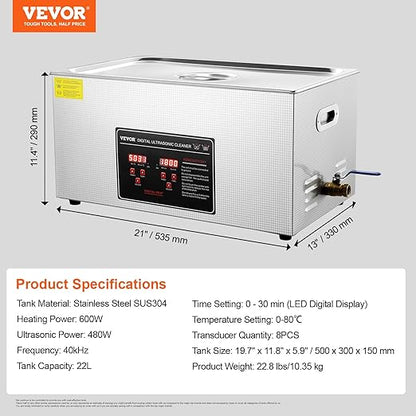 VEVOR Ultrasonic Cleaning with Digital Timer & Heater, Professional Ultra Sonic Jewelry Cleaner, Stainless Steel Heated Cleaning Machine for Glasses Watch Rings Small Parts Circuit Board (22L)