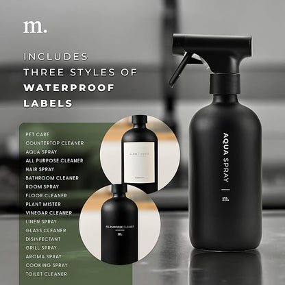 MAISONOVO Glass Spray Bottles 16 Oz Pack of 2 - Durable Black Spray Bottle with Fortified Glass & Fine Mist Pumps - Ideal for Salons, Barbers, Stylists, Pet Groomers & Daily Hair Care - 16 Labels