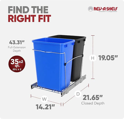 Rev-A-Shelf Double 35 Qt Pullout Trash Can for Base Kitchen Cabinets, Garbage Waste & Recycling Bin System with Full Extension Slides, Min Opening Width of 14.5", Blue/Black, RV-18KD-2218C-S