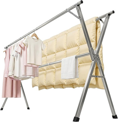 Spreezy Stainless Steel Clothes Drying Rack, Indoor/Outdoor Drying Rack for Clothes, Portable Folding Laundry Drying Rack, Adjustable Length, Space-Saving, with Windproof Hooks