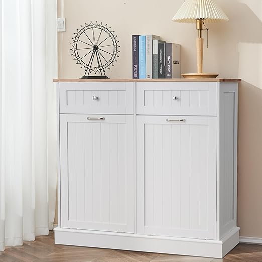 AHB Double Tilt Out Trash Can Cabinet Hidden Kitchen Trash Can, 2x13 Gallons Freestanding Recycling Cabinet with Hideaway Drawers Pet Proof Trash Can for Kitchen Living Room, White