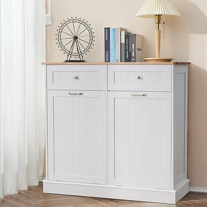 AHB Double Tilt Out Trash Can Cabinet Hidden Kitchen Trash Can, 2x13 Gallons Freestanding Recycling Cabinet with Hideaway Drawers Pet Proof Trash Can for Kitchen Living Room, White