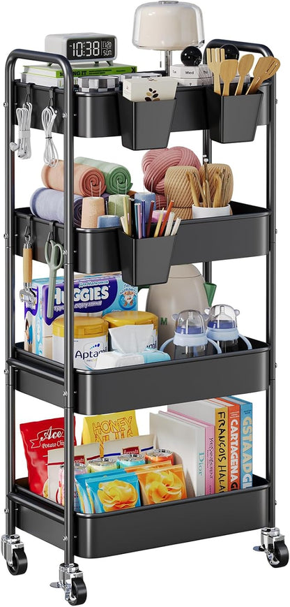 4 Tier Rolling Cart Metal with Wheels, Black Four Tiered Rolling Storage Cart on Wheels, Utility Roller Carts Organizer for Art, Craft, Baby Diaper Caddy, Snack, Book, Large-Capacity Shelving Units