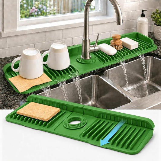 23" Extra Long Silicone Faucet Handle Drip Catcher Tray,7° Sloped Self Draining Mat with Snap-on Design & Soap Holder, Trim-to-Fit Opening,Sink Splash Guard for Kitchen & Bathroom(Green)