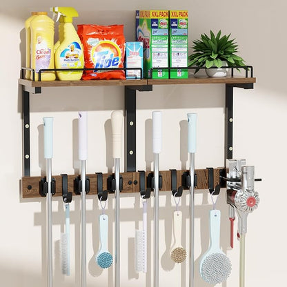 Mop Holder Wall Mount with Cleaning Supplies Organizer, Wood Mop and Broom Hanger Rack Organizer with Anti-Fall Wall Shelf with 5 Clips & Hooks for Garage Laundry Room Organization, Brown