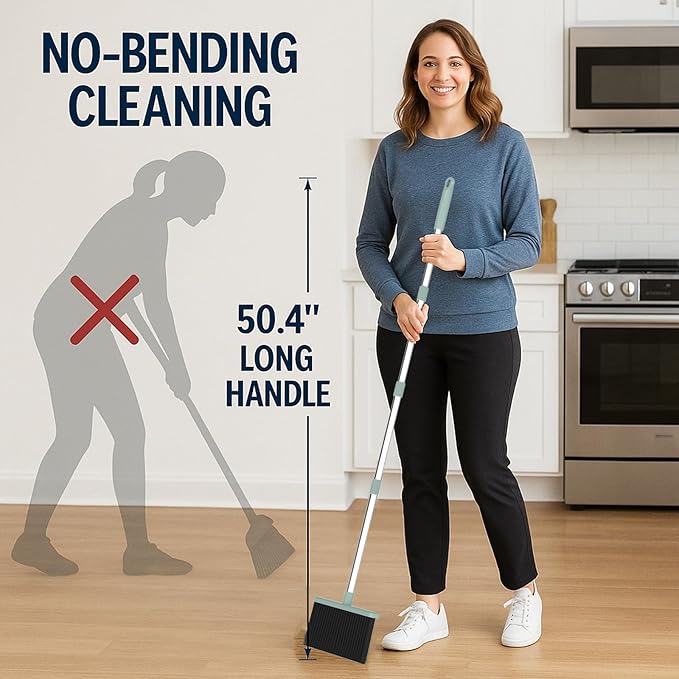 Broom and Dustpan Set, Green 52-Inch Adjustable Handle Upright Broom with Self-Cleaning Comb Teeth, Pet-Hair Friendly Sweeping for Indoor Hard Floors