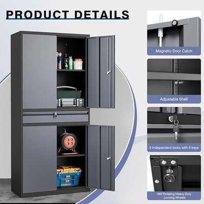 Metal Storage Cabinet with Drawer, Garage Storage Cabinet with Locking Doors and Adjustable Shelves for Garage, Home Office,Warehouse