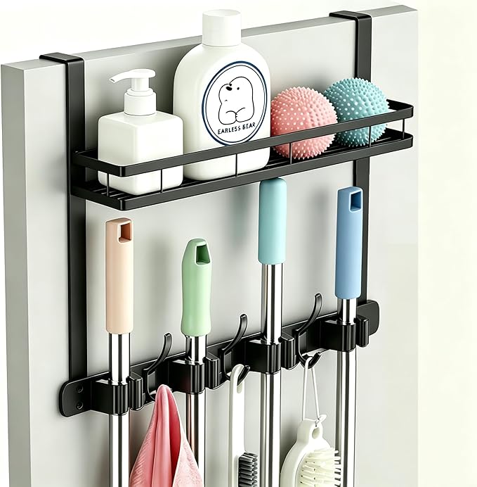 Broom Holder Over The Door Over Door Broom and Mop Rack Over The Door Hooks Organizer With4 Slots & 3 Hooks 1 Storage Basket For Laundry Room, Garage, Closet, Kitchen Decor (black)