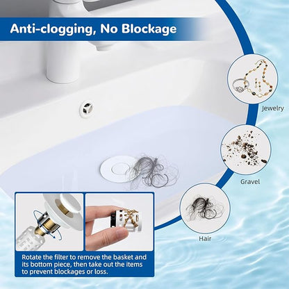 Hibbent 2 Pack 3 in 1 Bathroom Sink Drain Strainer, Universal Pop Up Stopper with Removable Stainless Steel Filter Basket Hair Catcher, Sink Plug for 1.1''~2.36'' Basin, Brass Bullet Core, White