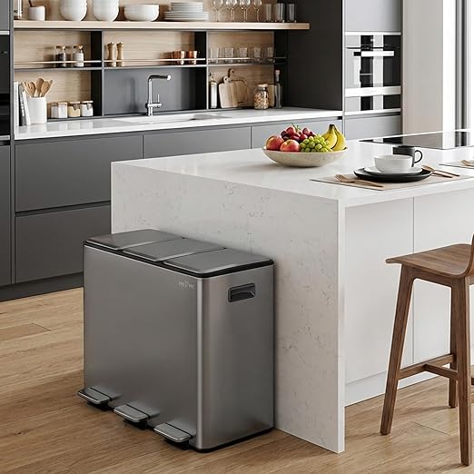 mVm 3 Compartment Trash Can, 3x4Gal Triple Step Trash Can with Double Layer Lids, Modern Kitchen Office Garbage Can（Gray）