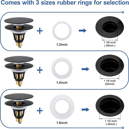 Universal Bathroom Sink Stopper - Pop Up Sink Drain Stopper, Push Button Flixfilter Sink Drain Stopper Replacement, Wash Basin Drain Filter Plug Anti-Clogging Basket, Matte Black