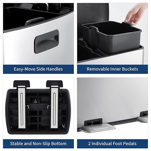 Garvee 16 Gal Dual Trash Can for Kitchen, Stainless Steel Garbage Can with Soft-Close Lids & Pedals, 60L Double Compartment Recycling Bin with Removable Inner Buckets for Office Commercial Use, Silver