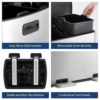 Garvee 16 Gal Dual Trash Can for Kitchen, Stainless Steel Garbage Can with Soft-Close Lids & Pedals, 60L Double Compartment Recycling Bin with Removable Inner Buckets for Office Commercial Use, Silver