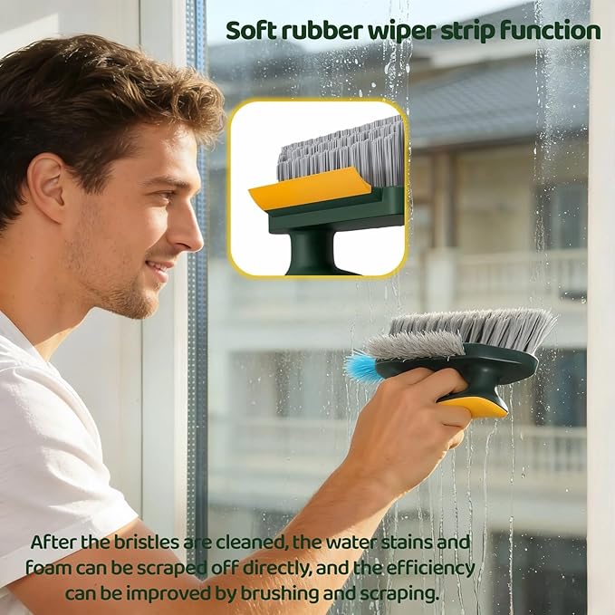 Multifunctional Tile Grout Cleaning Brush with V-Shaped Bristles, 180° Rotating Head, Rubber Wiper Strip, Green and Yellow
