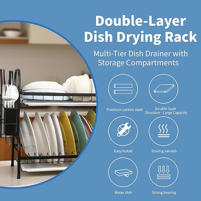 2 Tier Dish Drying Racks with Drainboard,Large Capacity Stainless Steel Dish Racks for Kitchen Counter,Kitchen Sink Organizer for Dishes,Utensils& Fork Knives,Cutting Boards Storage