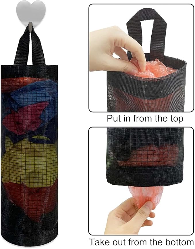 2 Pcs Plastic Bag Holder Trash Bags Storage Dispenser Organizer for Home Kitchen Mesh Hanging Storage Dispensers Recycling Garbage Folding Hanging Storage Bag Grocery Bags Holder with 2 Hooks (Black)