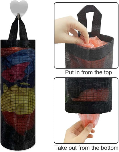 2 Pcs Plastic Bag Holder Trash Bags Storage Dispenser Organizer for Home Kitchen Mesh Hanging Storage Dispensers Recycling Garbage Folding Hanging Storage Bag Grocery Bags Holder with 2 Hooks (Black)