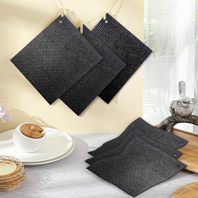 6 - Pack Swedish Kitchen Dish Cloths - Reusable Paper Towels for Counters & Dishes - Eco Friendly Cellulose Sponge Cloth - (Black)