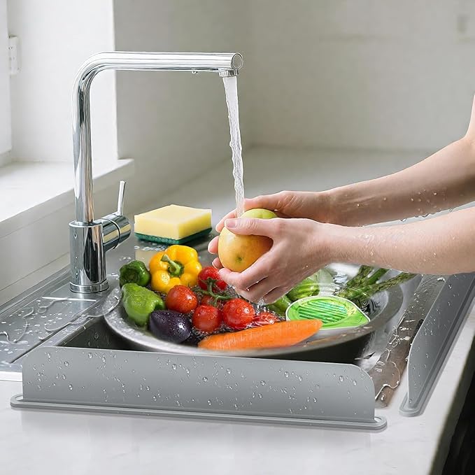 Sink Splash Guard - Water Splash Guard for Kitchen, Island and Bathroom -Secure Non-Slip Suction Cup Base - Dishwasher Safe, Sink Protectors for Kitchen Sink, Gray