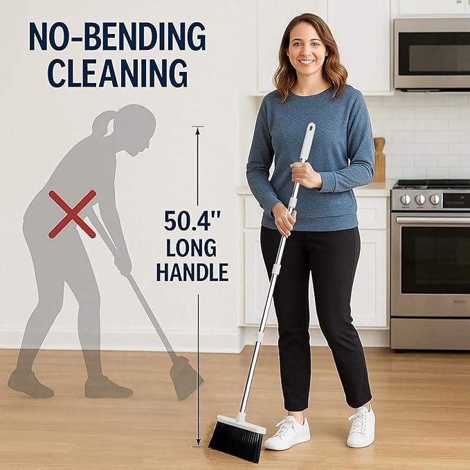 Broom and Dustpan Set, Gray Yellow 52-Inch Adjustable Handle Upright Broom with Clip-Together Storage for Home, Kitchen, Office, Apartment