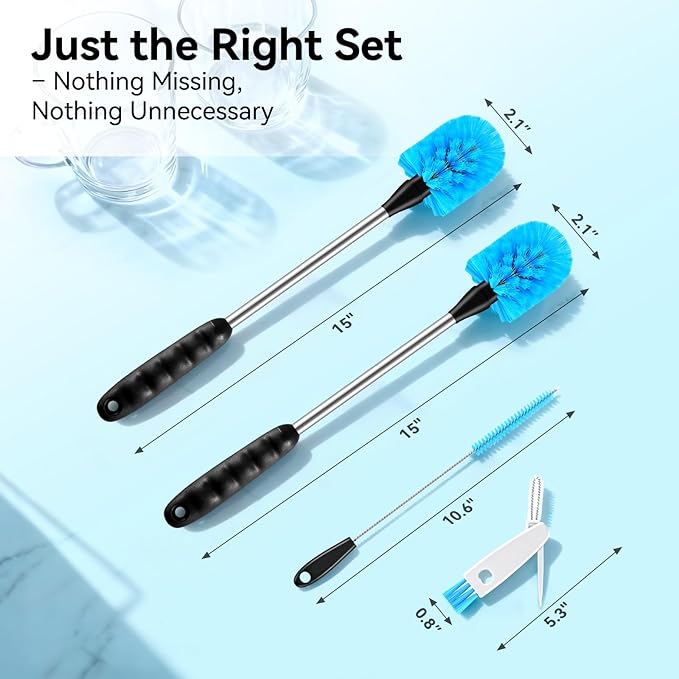 SLUXKE Long Handle Bottle Brush Set with Straw Cleaner Brush and 3 in 1 Cup Lid Cleaning Brush, Water Bottle Cleaner with Stainless Steel Handle for Cleaning Cup, Water Bottles, Tumblers, Baby Bottles