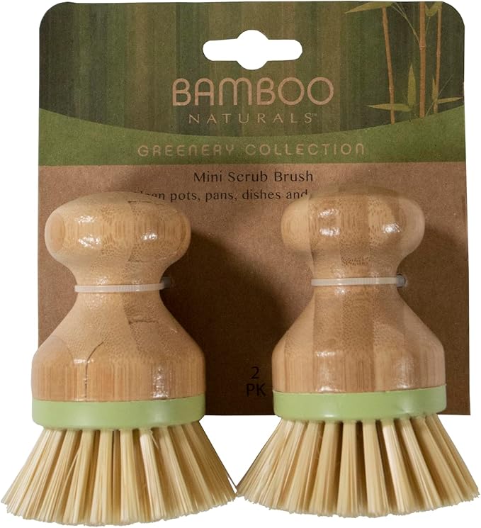 Bamboo Naturals Greenery Mini Scrub Brush, Made of Sustainable Bamboo and Recycled Plastic, Scrub Pots, Pans, Vegetables, and More, Pack of 2