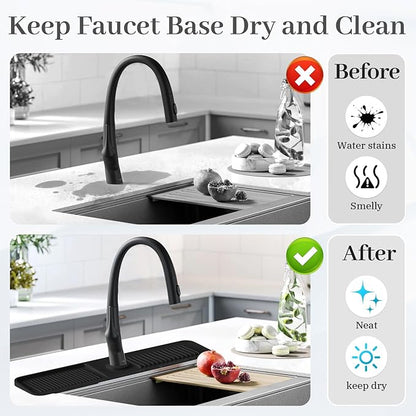 PoYang 24 Inch Faucet Mat for Kitchen Sink Splash Guard Behind Faucet, Sink Protectors for Kitchen Sink Faucet Mat Splash Guard for Kitchen Sink Area, Longer Silicone Faucet Guard Draining Mat, Black